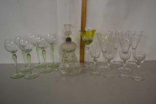 Mixed Lot: Various assorted 20th Century wine glasses, thistle formed decanter, glass cruet set etc