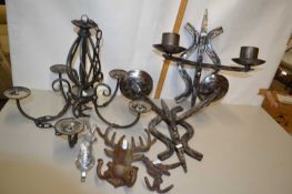 Mixed Lot: Various iron candle holders, coat hooks and an iron five light candelabra etc