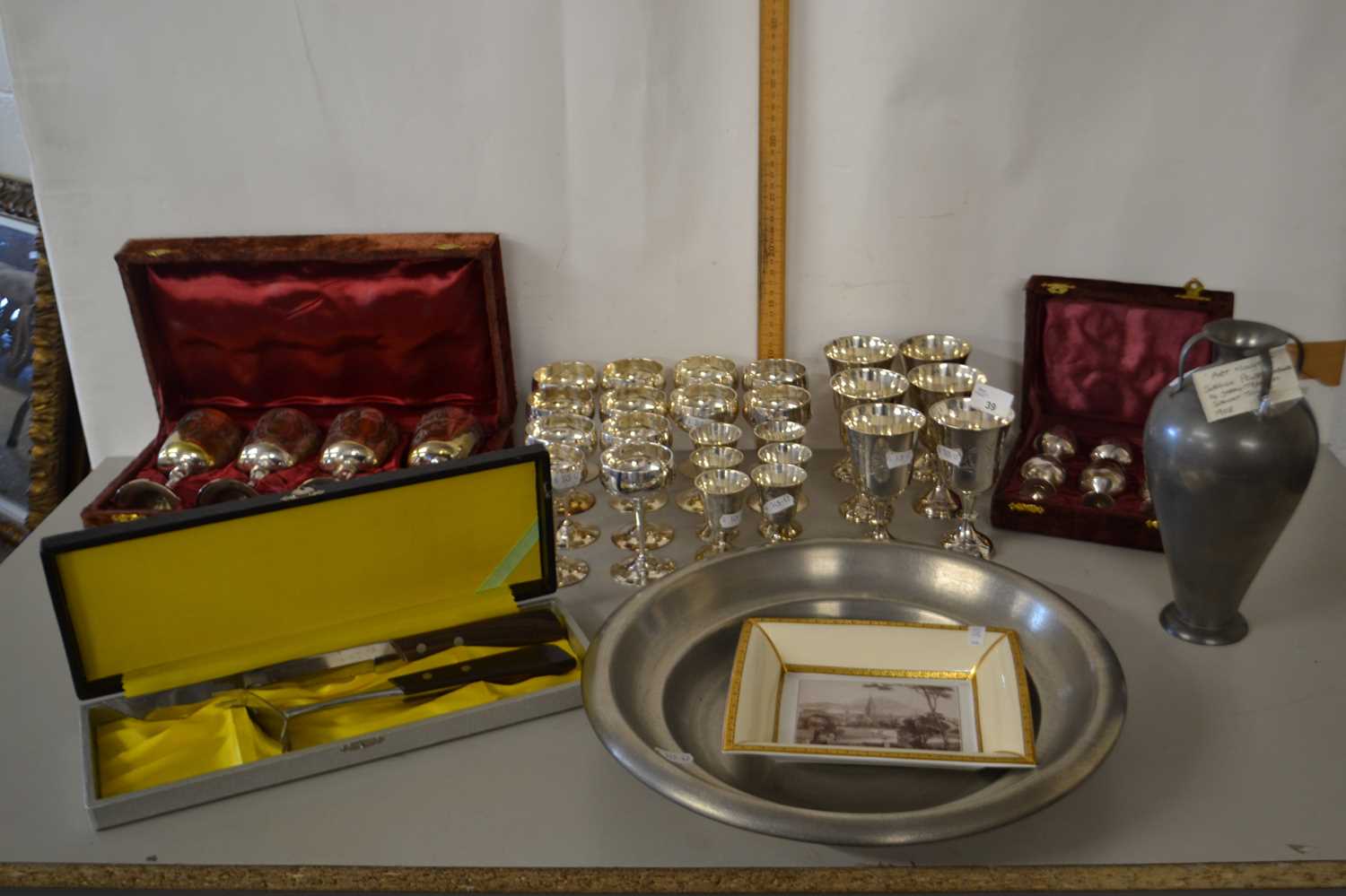 Mixed Lot: Various small silver plated wine and liqueur glasses, a further pewter vase, pewter