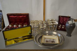 Mixed Lot: Various small silver plated wine and liqueur glasses, a further pewter vase, pewter