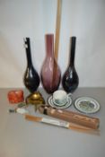 Mixed Lot: Three Art Glass vases, a boxed recorder, a Wills Gold Flake Cigarettes ashtray and