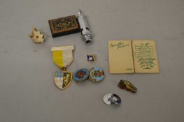 Box of various assorted pin badges, whistle etc