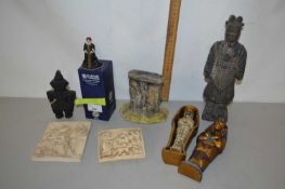 Mixed Lot: Wall plaques, reproduction Chinese figures, a Tourist Ware Egyptian sarcophagus etc