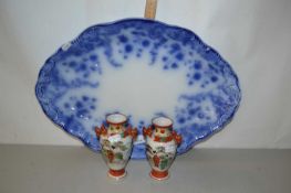 Pair of early 20th Century Japanese vases together with a flow blue type meat plate