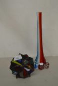 A modern Art Glass long stem vase together with a further abstract coloured glass ornament