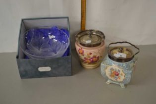 Two vintage biscuit barrels and a further continental glass bowl by Durrand (3)