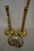 Pair of brass barley twist candlesticks together with an Art Glass ashtray (3)