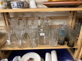 Quantity of assorted glass ware to include decanters, vases, drinking glasses etc