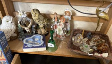 Mixed Lot: Wedgwood Jasper ware dish, resin owls, glass bells, figurines and other items