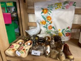 Mixed Lot: Assorted small animal figurines and a needlework panel