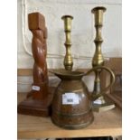 Pair of brass candlesticks, pair of wooden candlesticks and a coppered ewer