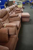 Five piece pink velour upholstered suite comprising of two two seater sofas, two armchairs and