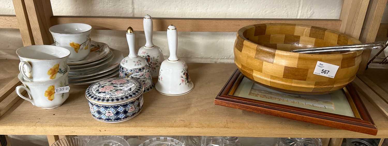 Mixed Lot: Wooden fruit bowl, Broadland watercolour, mixed ceramics etc