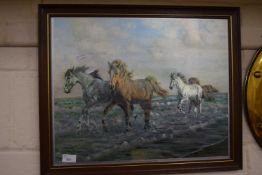 Horses on the shoreline, framed and glazed