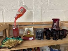Cranberry glass lemonade set together with other glass ware etc