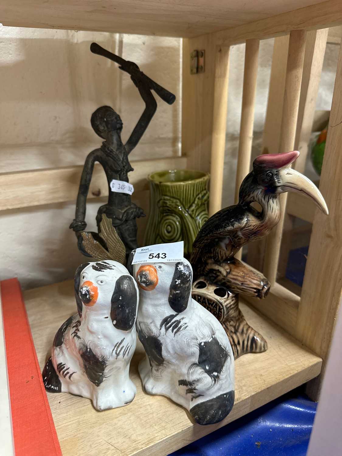 Mixed Lot: Small pair of Staffordshire dogs, celery vase, bird figurine and other items