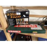 Scrabble board game and a cassette holder, boxed