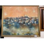 Contemporary Middle Eastern landscape, framed together with a reproduction print of early 20th