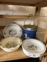 Mixed Lot: Wedgwood Beatrix Potter dish, Bunnykins, Wedgwood style tobacco jar and cover (4)