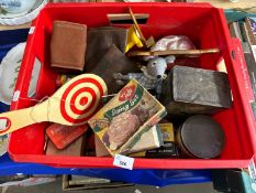 Mixed Lot: Assorted collectors tins, children's toys, Box Brownie camera and other items