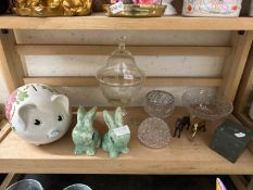 A pig money bank, pair of Sylvac style rabbits, quantity of glass ware and other items