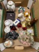 Mixed Lot: Glass birds, trinket pots, ginger jar and cover, brass bell etc