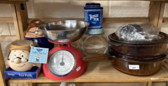 Mixed Lot: Kitchen scales, glass cook ware, Tetley Tea Folk commemoratives and other items