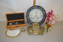 Mixed Lot: A brass mounted desk ink well, a modern wall clock, corkscrew etc