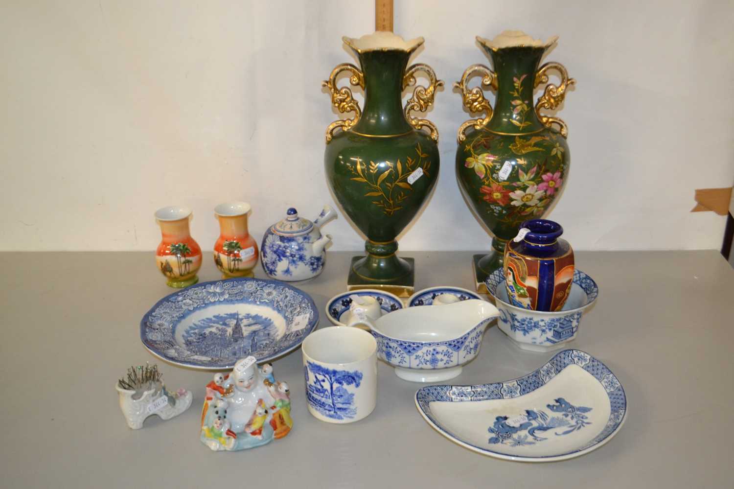 Mixed Lot: Pair of large green vases, various other smaller vases, blue and white ceramics etc