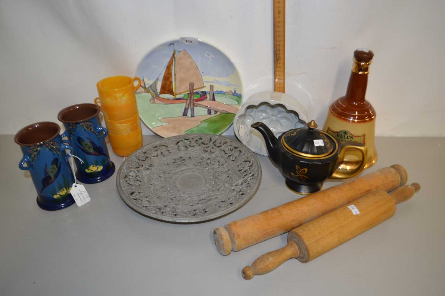 Mixed Lot: Assorted ceramics, vintage rolling pins, whisky bell, jelly mould etc