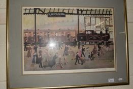 Helen Bradley, coloured print of Blackpool Station, signed in pencil, framed and glazed