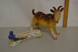 Mixed Lot: Melba ware model of a goat and a shorter vase decorated with budgies