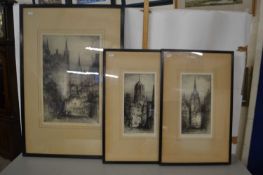 James Alphege Brewer - group of three monochrome etchings, York Minster and two views of Oxford, all