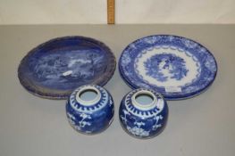 Two Chinese prunus pattern ginger jars and three plates