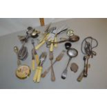 Box of various mixed cutlery, table lighter, vintage powder compact and other items