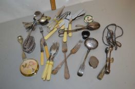 Box of various mixed cutlery, table lighter, vintage powder compact and other items