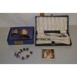 Mixed Lot: Two silver plated Christening sets, a powder compact and a beaded bracelet