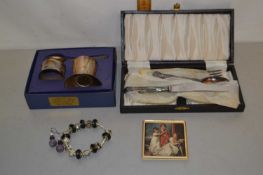 Mixed Lot: Two silver plated Christening sets, a powder compact and a beaded bracelet