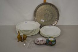 Mixed Lot: Cauldon dinner plates, brass model duck, small Cloisonne covered box etc