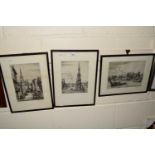 Sedgwick, three etchings, Prospect of Westminster, Charing Cross and Ludgate, framed and glazed (3)