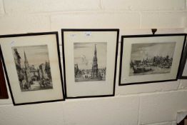 Sedgwick, three etchings, Prospect of Westminster, Charing Cross and Ludgate, framed and glazed (3)