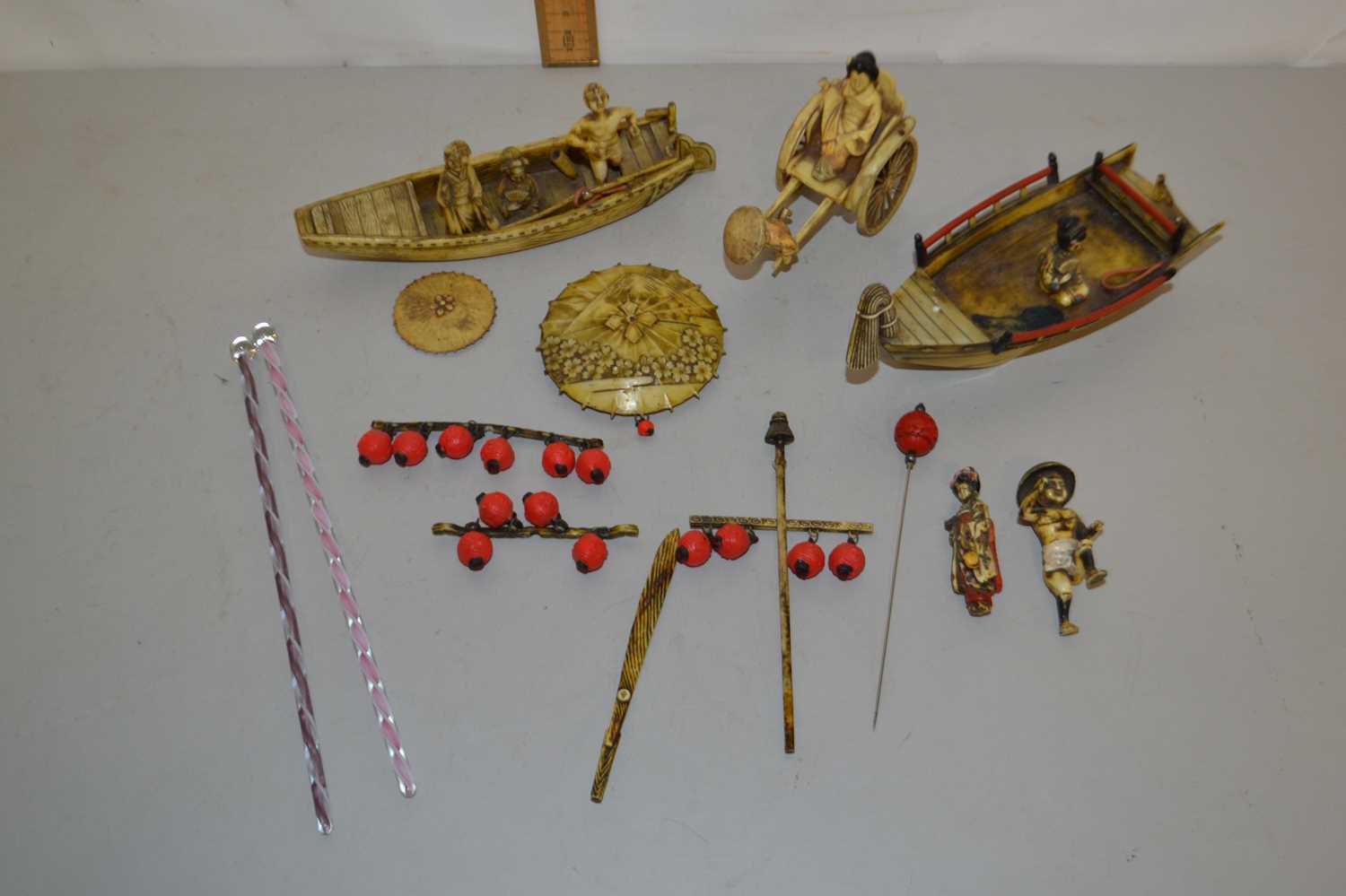 Mixed Lot: 20th Century Chinese composition models of figures on boats with hand cart etc