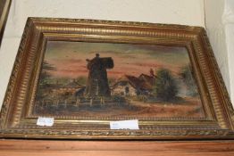 19th Century small oil on board study of a village scene with windmill