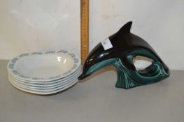 A Poole Pottery dolphin together with a quantity of Barretts heart shaped dishes