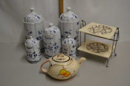 Mixed Lot: Various blue and white storage, two tier cake plate, Czechoslovakian teapot etc