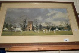 Coloured print of a cricketing scene