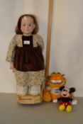 Mixed Lot: A modern porcelain headed doll together with two further soft toys