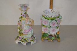 Mixed Lot: Continental floral encrusted candlestick together with a similar vase (2)
