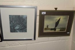 John Hutchinson, Norfolk Wherry, watercolour together with a further abstract woodland scene (2)