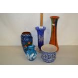 Mixed Lot: Overpainted blue glass jug, a small German jardiniere, a Torquay vase, a pressed blue